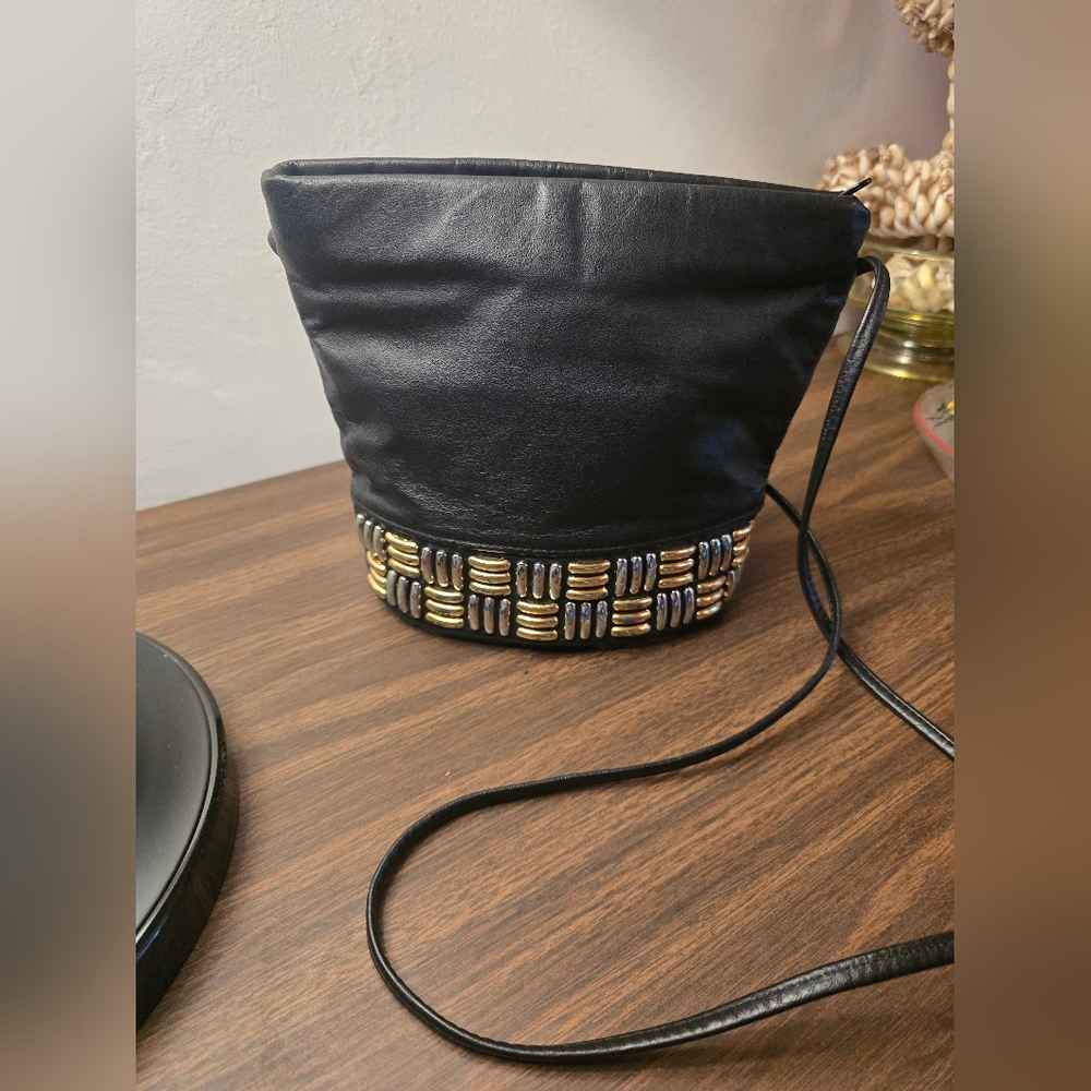 The Icing Vintage Black Leather Bucket Bag with Beaded Detail